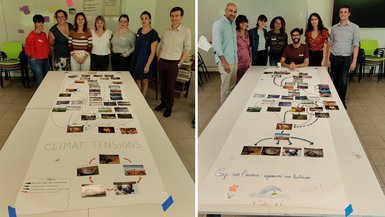 Two group photos, the people are each looking at the table in front of them, on which there is information about the topic.